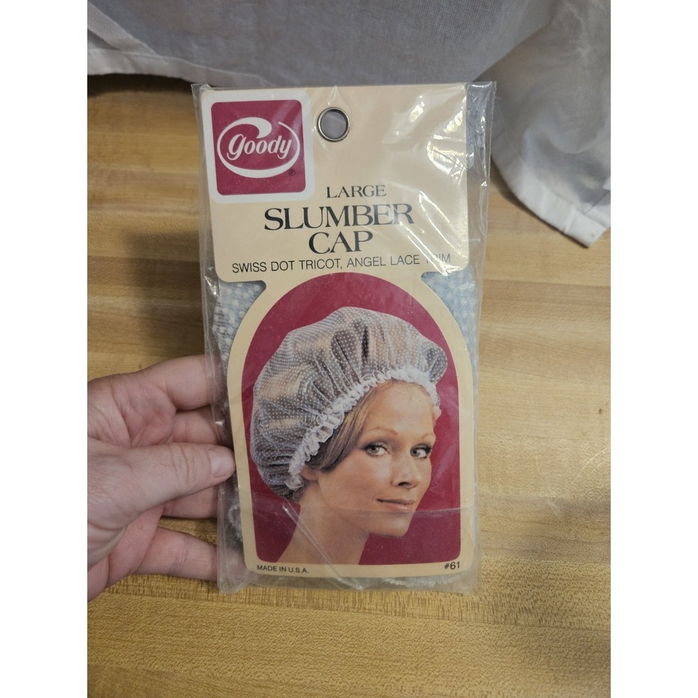Vintage GOODY Large Slumber Cap 1973 Swiss Dot W/ Angel Lace Trim NOS